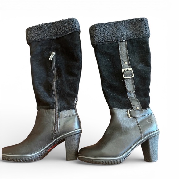 Pajar knee-high boot black leather and suede Sherpa cuff, leather strap detail - Picture 6 of 9